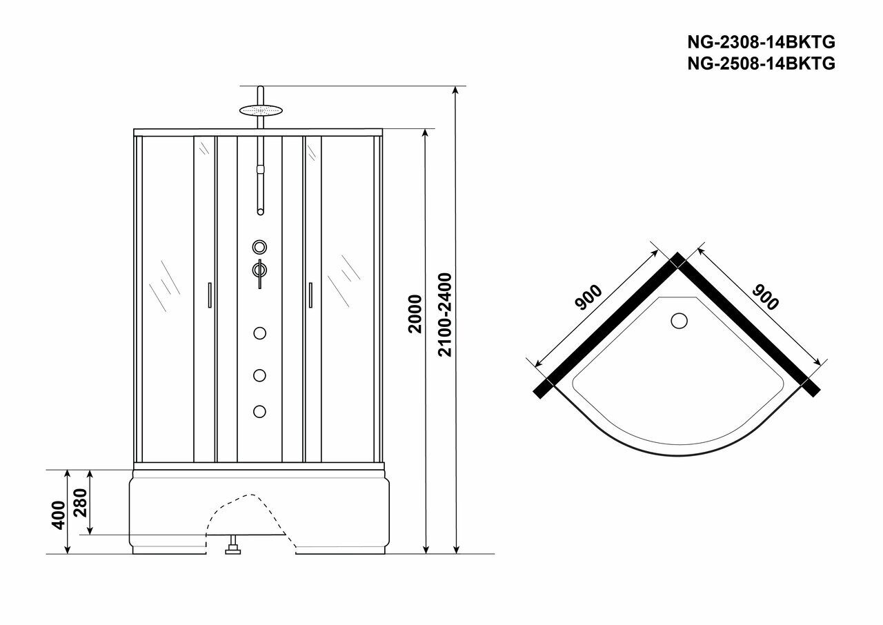 Душевая кабина Niagara NG-2308-14BKTG (900х900х2100-2400) высокий  поддон(40см) стекло МАТОВОЕ 4 места по 33 400 руб. — купить в Москве в  интернет-магазине